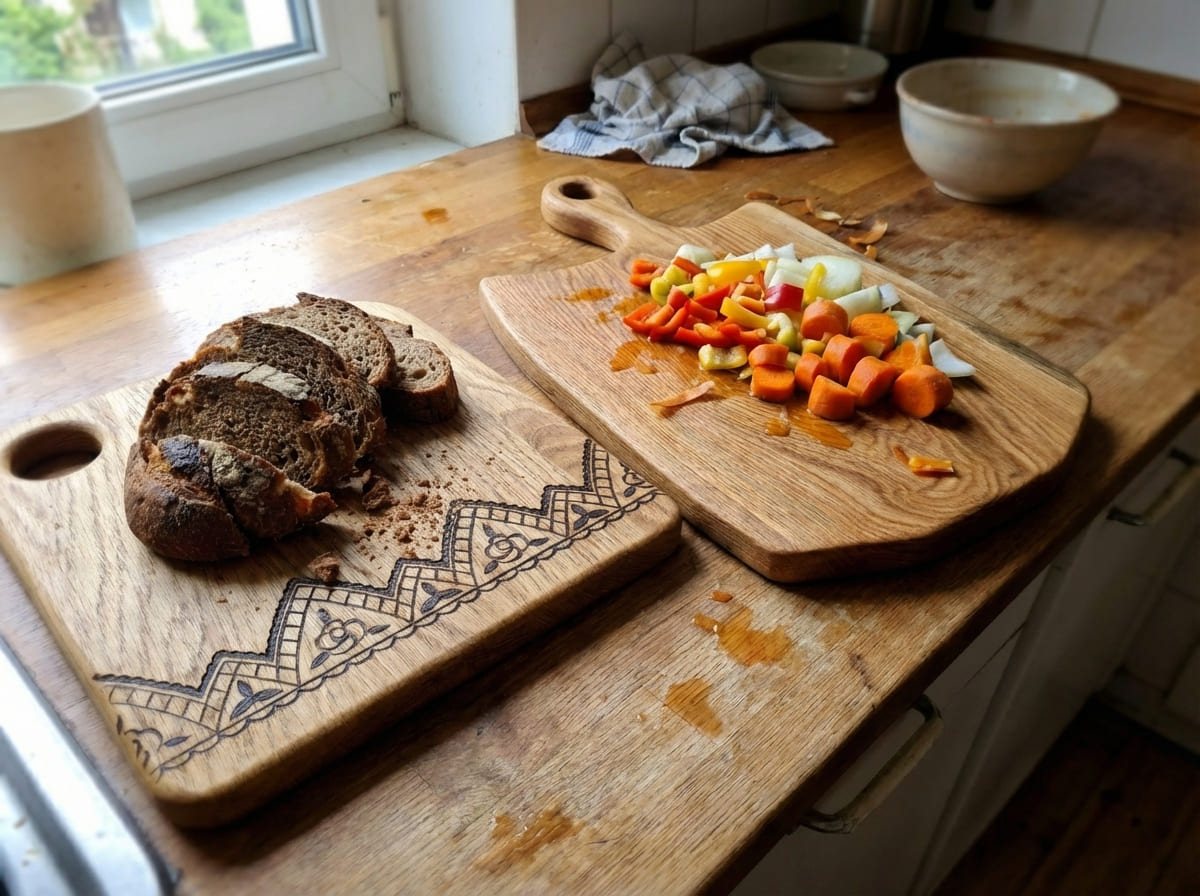 Mehrere Schneidebretter sortiert nach Fleisch, Gemüse und Brot
