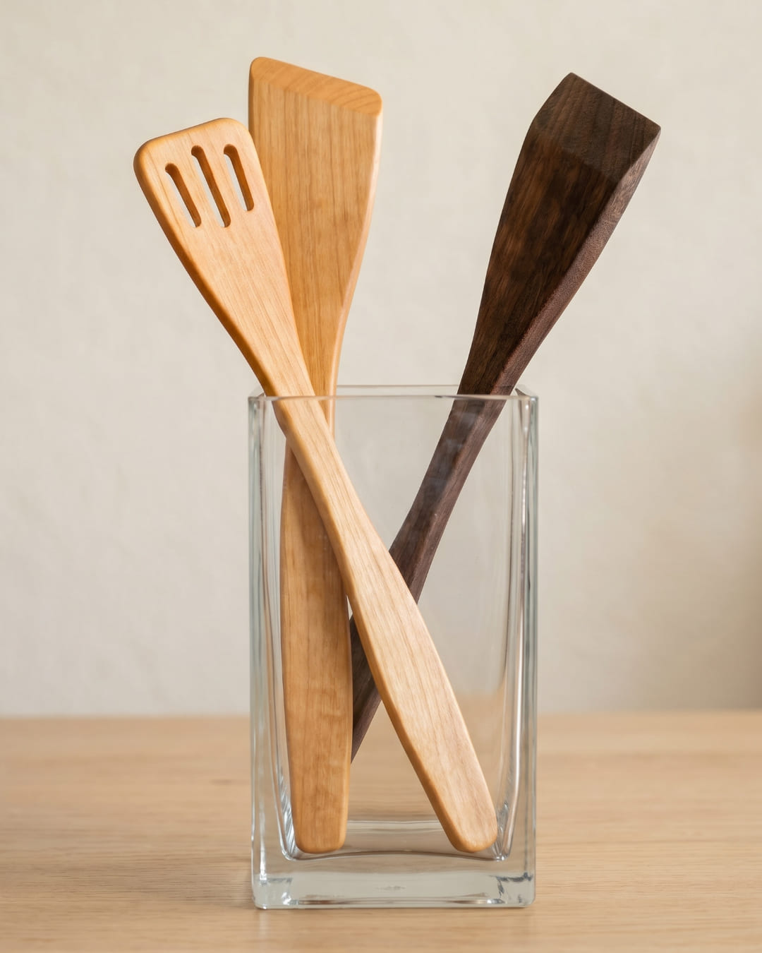 Handgefertigte Holz-Pfannenwender aus Kirsche und Nussbaum im Glasgefäß – Küchenzubehör von Wooden Axe