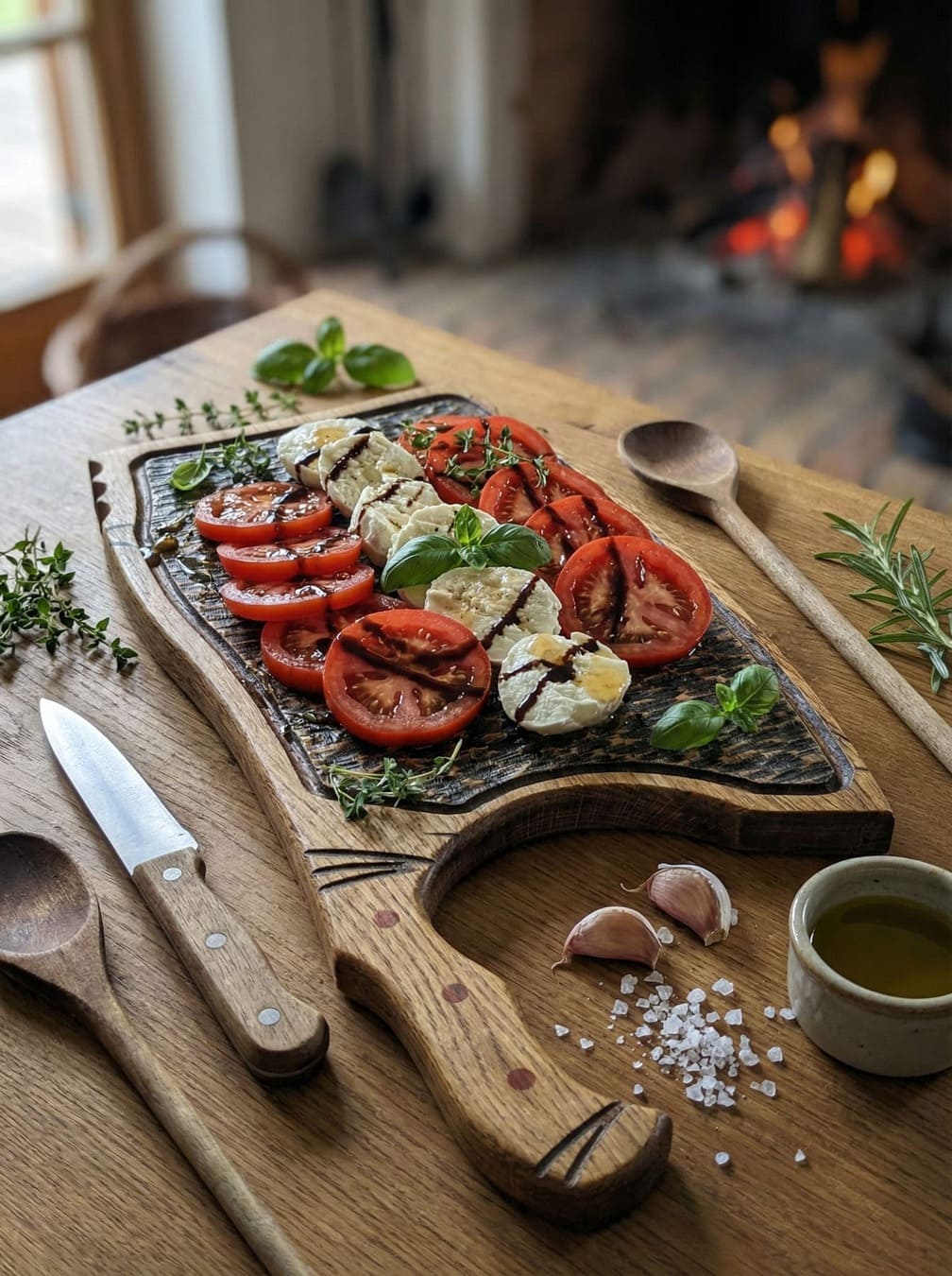 Tomaten-Mozzarella im Nordic Style auf einem Eichen-Servierbrett mit gebrannter Steak-Seite