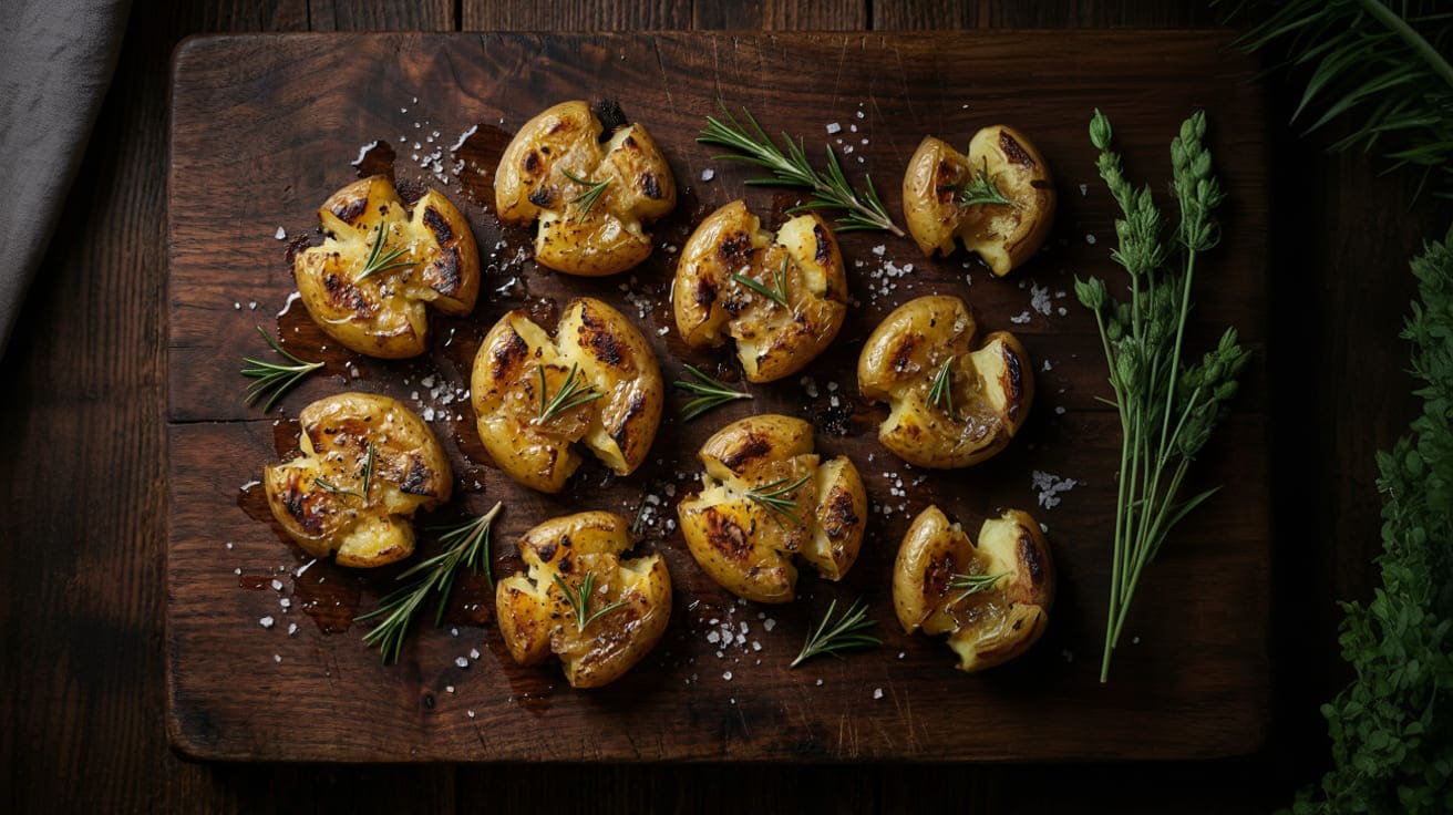Smashed Potatoes mit Knoblauchöl und Rosmarin auf einem rustikalen Eichen-Schneidebrett