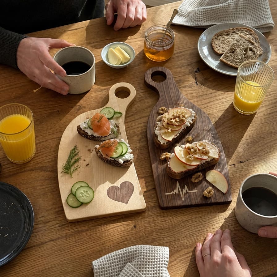 Zwei Wooden Axe Frühstücksbretter aus Ahorn und Nussbaum beim gemeinsamen Frühstück - Herz und EKG-Inlay, belegt mit Lachs und Apfel-Walnuss