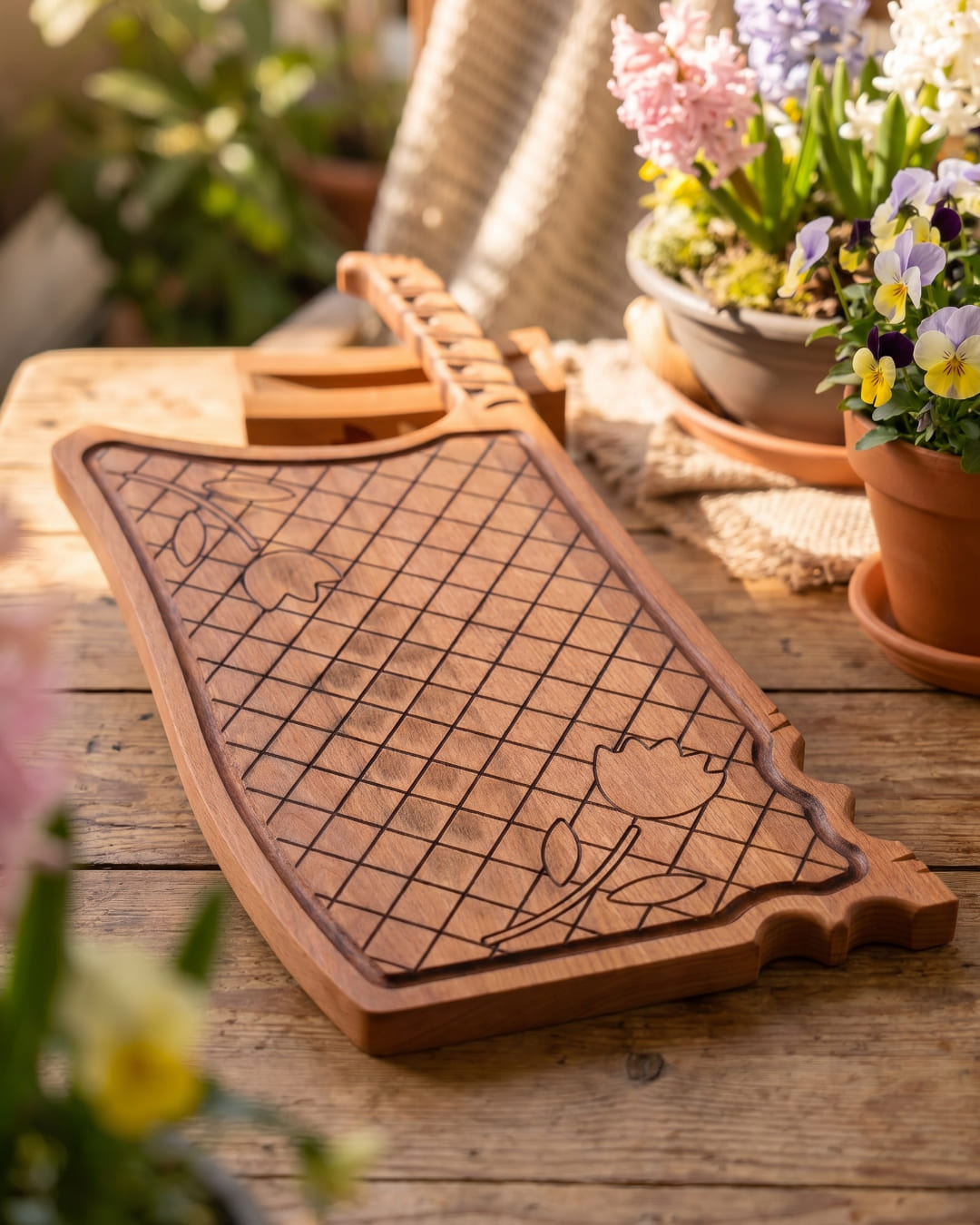 Wooden Axe Kirsche Axtbrett Steak-Seite mit Gitter-Lasergravur und Tulpen-Motiv outdoor