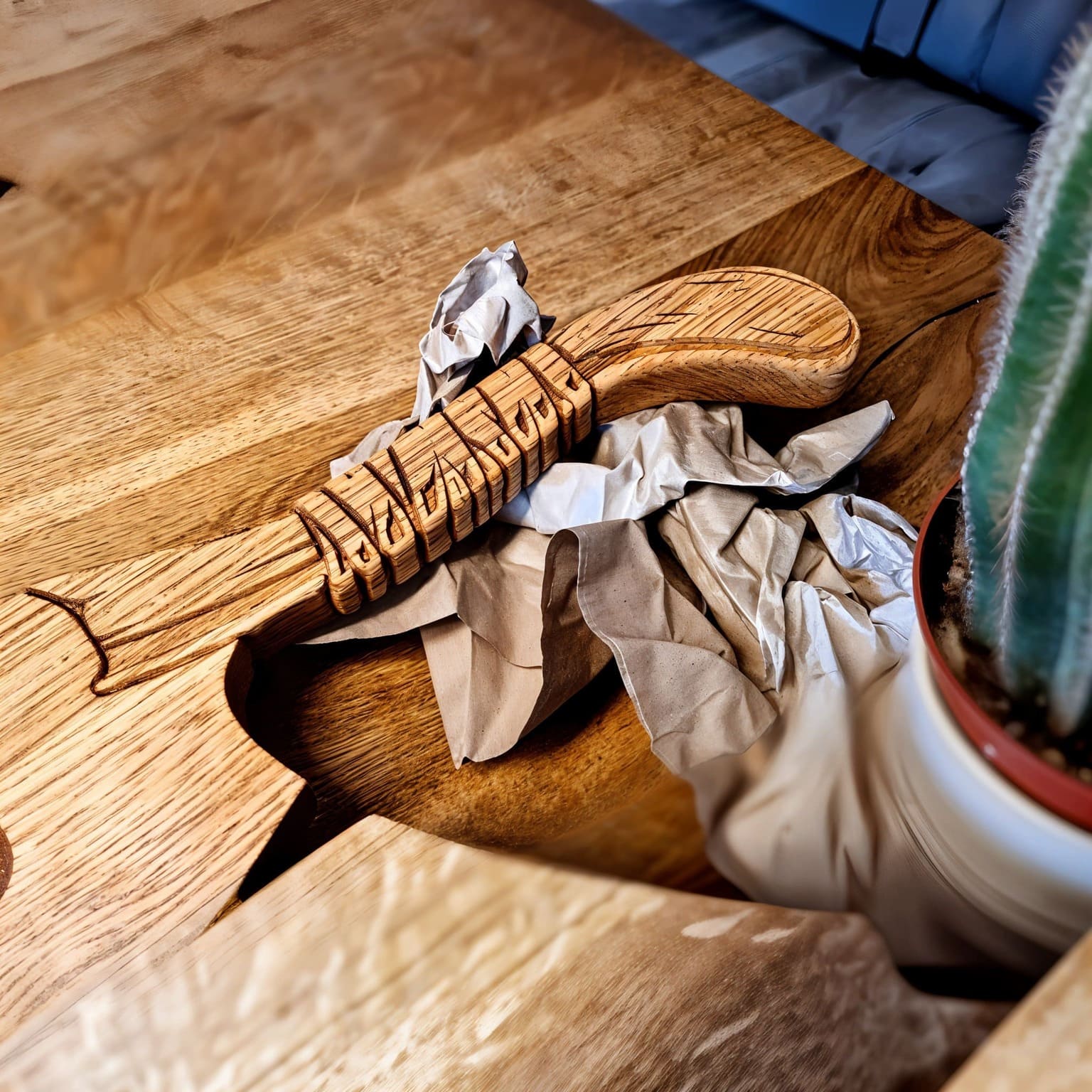 Handgeschnitzter Eichen-Griff eines Wooden Axe Schneidebretts mit tief eingravierten Runen