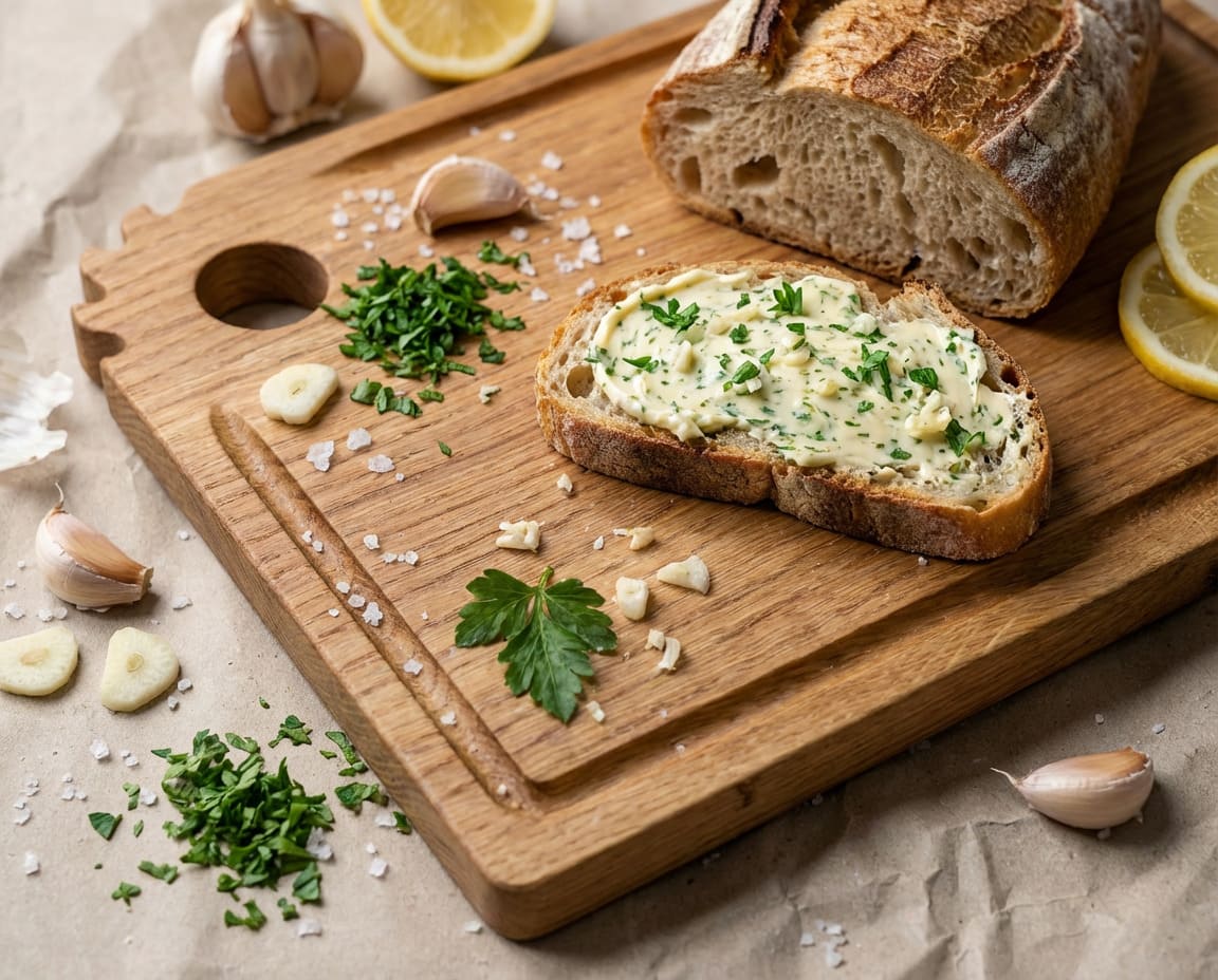 Rustikales Holz-Vesperbrett aus Eiche mit frischen Zutaten – Brot, Kräuterbutter und Knoblauch, handgemacht von Wooden Axe