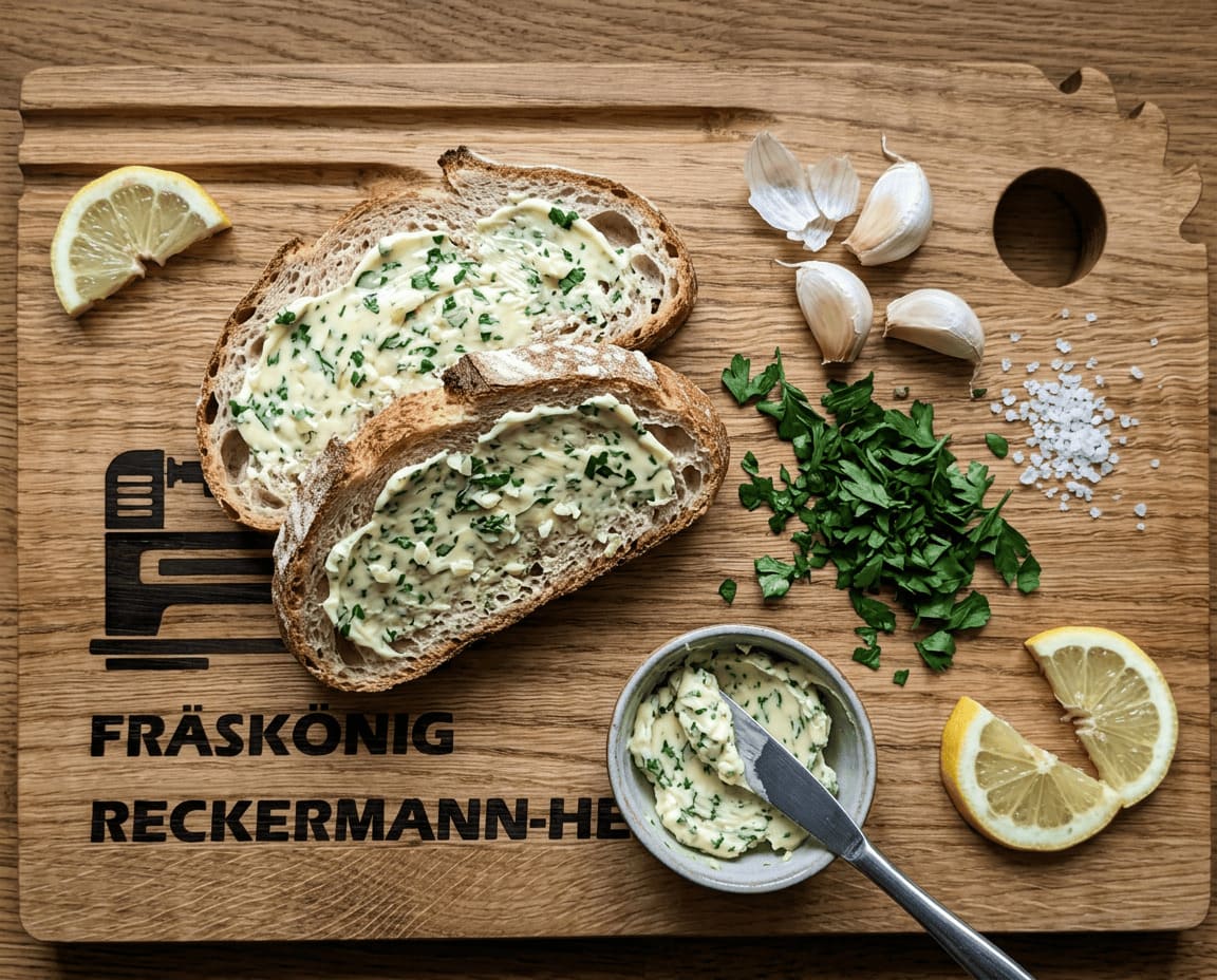 Personalisiertes Holz-Vesperbrett mit Gravur im Einsatz – Brot, Kräuterbutter, Knoblauch
